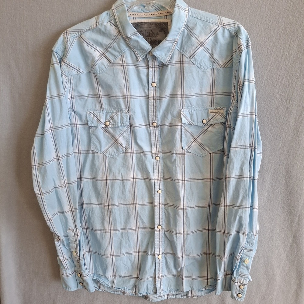 Slade Wilder Pearl Snap Shirt Men's 2XL XXL‎ Long Sleeve Blue Check Cotton Y2K